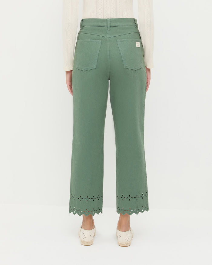 Demi Embroidered Pant in sage denim, Lolo Pointelle Long-Sleeve Tee in cream cotton, and Clover Natural Embroidered Espadrille.