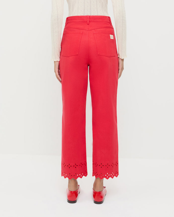 Demi Embroidered Pant in red denim, Lolo Pointelle Long-Sleeve Top in cream cotton, and Noelle Red Ballet Flat.