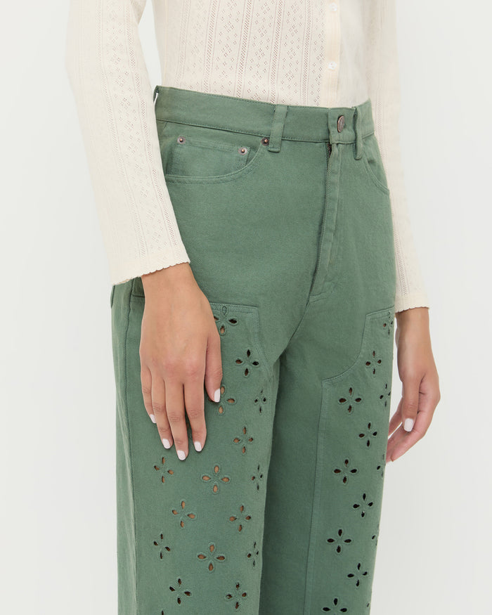Demi Embroidered Pant in sage denim and Lolo Pointelle Long-Sleeve Tee in cream cotton.