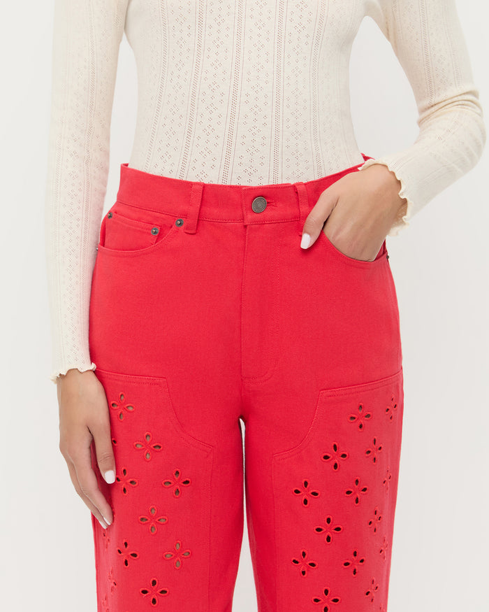 Demi Embroidered Pant in red denim, Lolo Pointelle Long-Sleeve Top in cream cotton, and Noelle Red Ballet Flat.