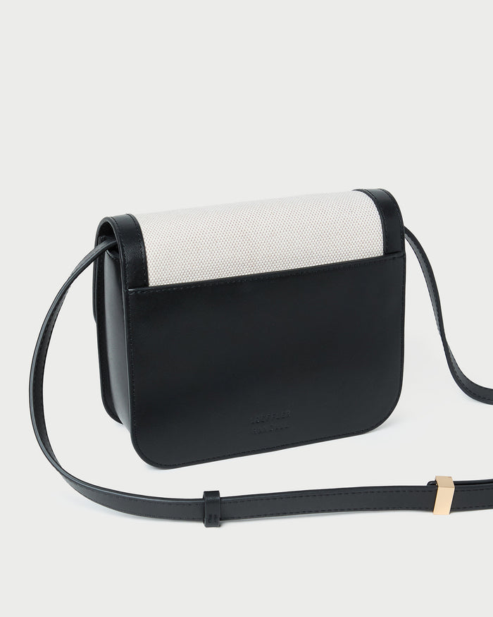 Desi Black/Natural Canvas Crossbody in natural canvas with black leather accents.