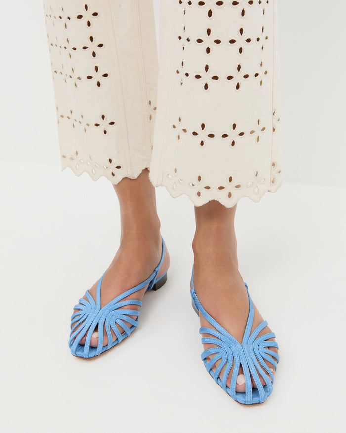 Devon Cornflower Blue Slingback Sandal in light blue moiré and Demi Embroidered Pant in natural cotton.