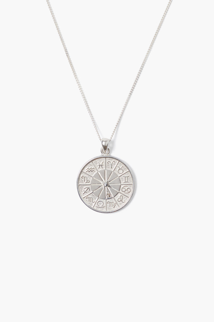 Diamond Zodiac Coin Necklace Silver