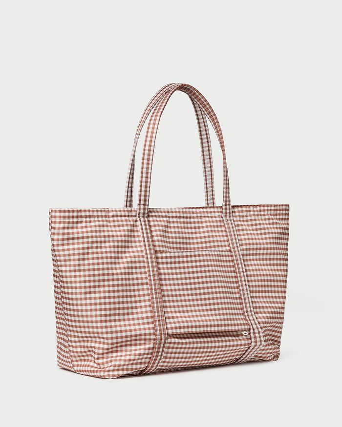 Dina Brown Gingham Travel Tote in brown gingham nylon.