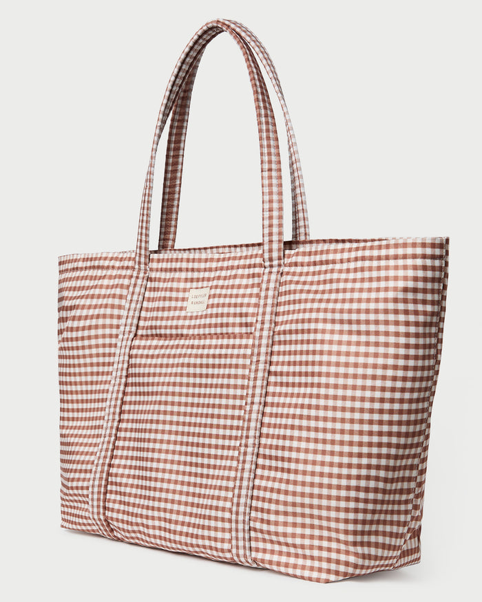 Dina Brown Gingham Travel Tote in brown gingham nylon.