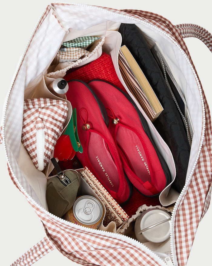 Dina Brown Gingham Travel Tote in brown gingham nylon and Raina Red Mesh Flat.