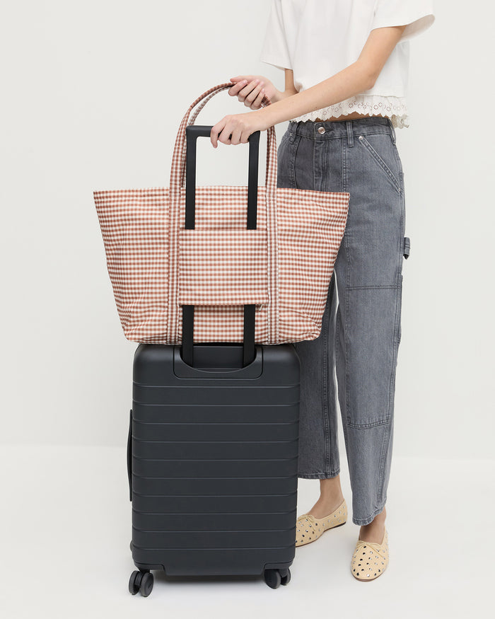 Dina Brown Gingham Travel Tote in brown gingham nylon.