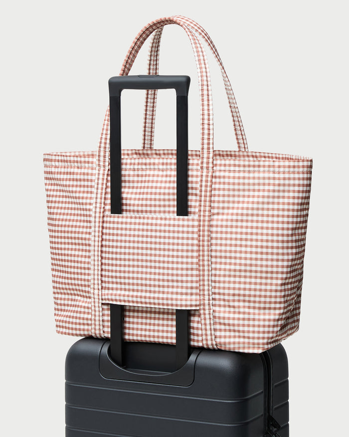 Dina Brown Gingham Travel Tote in brown gingham nylon.