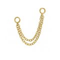 Close up of an earring accessory that features two layered chains attached to small rings at both ends of the chain. Called connector chains, these accessories are design to link with another earring, like a flat back stud, via the small rings. Made from 316L Surgical Steel and finished with 18K Gold PVD plating.