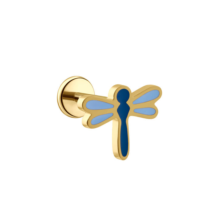 A close up of a dragonfly shaped flat back stud earring with blue enamel and gold-plated titanium metal on a white background.