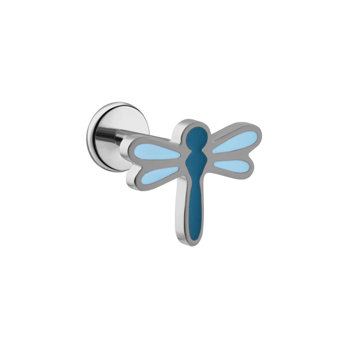 A close up of a dragonfly shaped flat back stud earring with blue enamel and titanium metal on a white background.