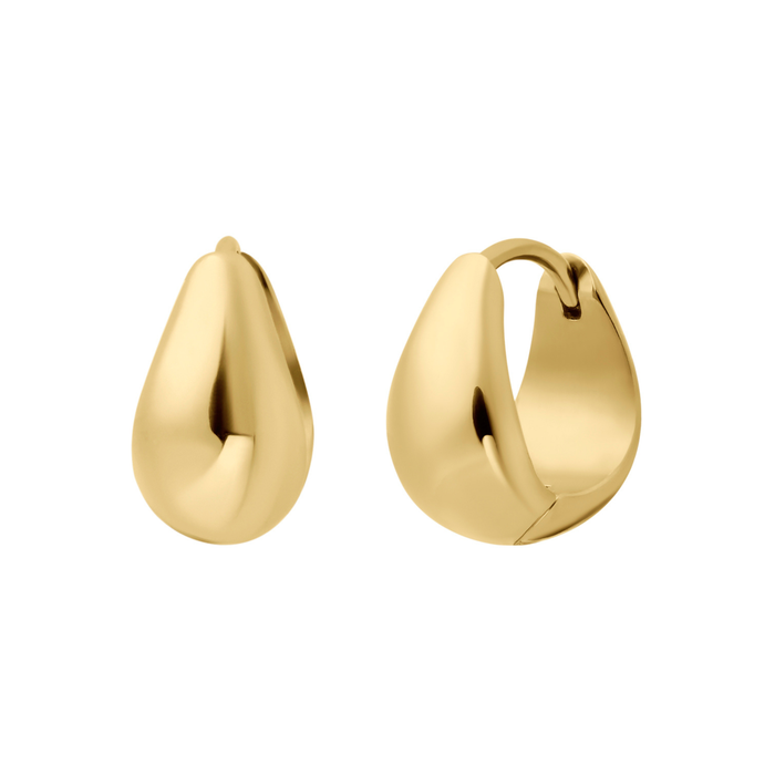 Gold teardrop-shaped hoop earrings on a white background