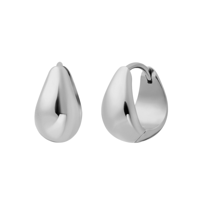 Silver teardrop-shaped hoop earrings on a white background