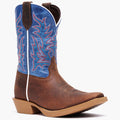 Durango kids’ Shyloh western boot in brown and blue leather with embroidered shaft and rubber outsole, front view on grey background.