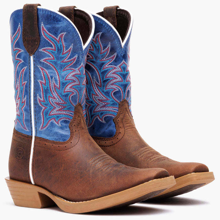 Durango kids’ Shyloh western boot in brown and blue leather with embroidered shaft and rubber outsole, front pair view on grey background.