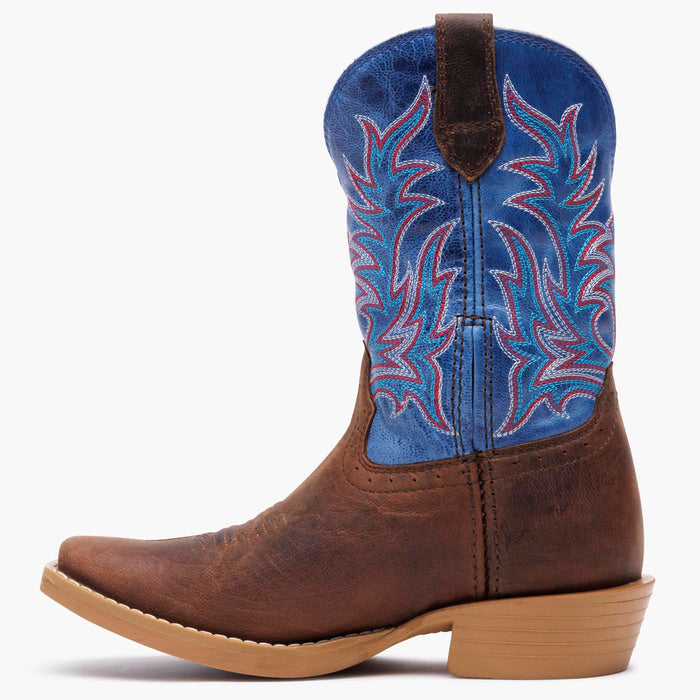 Durango kids’ Shyloh western boot in brown and blue leather with embroidered shaft and rubber outsole, inner side view on grey background.