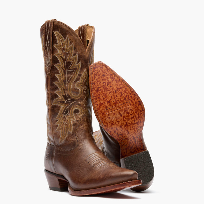 Front view of a pair of Durango Crush brown cowgirl boots with leather outsole