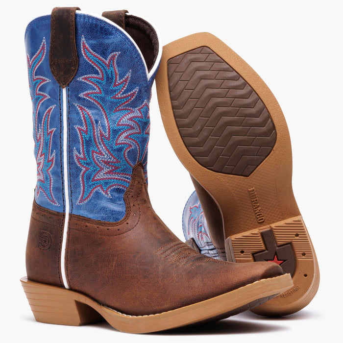 Durango kids’ Shyloh western boot in brown and blue leather with embroidered shaft and rubber outsole, outsole view on grey background.