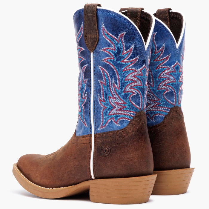 Durango kids’ Shyloh western boot in brown and blue leather with embroidered shaft and rubber outsole, back pair view on grey background.