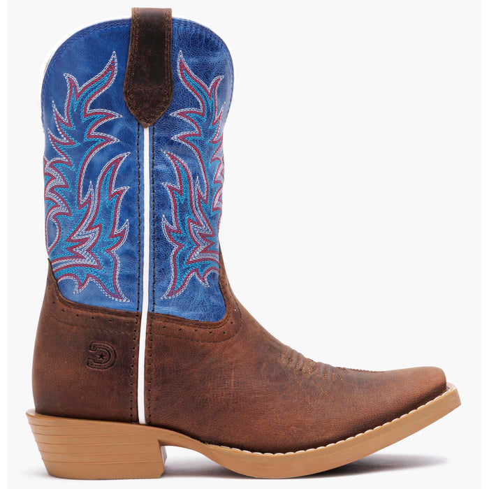 Durango kids’ Shyloh western boot in brown and blue leather with embroidered shaft and rubber outsole, outer side view on grey background.