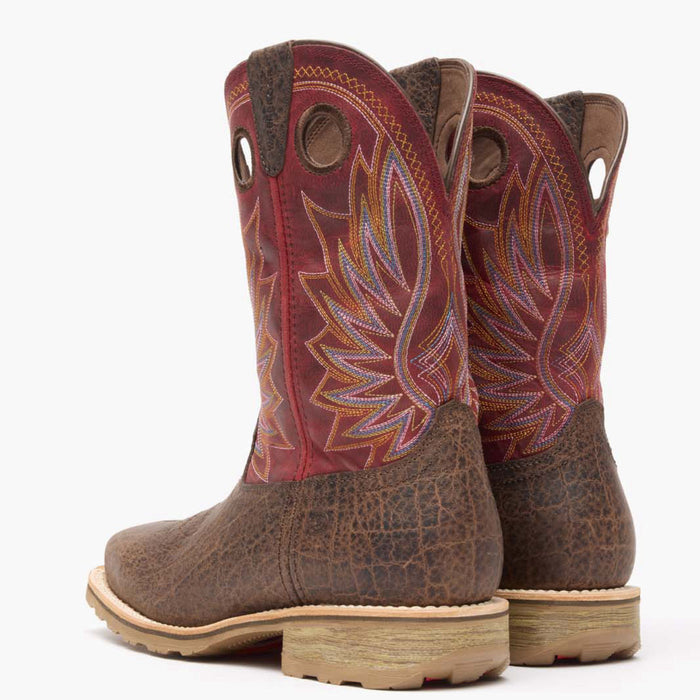 Back view of a pair of Durango Maverick Pro work boots with elephant embossed brown leather and red shaft design