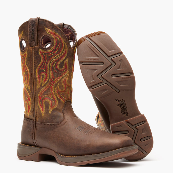 Front pair view of Durango Rebel brown square toe leather western boots with rubber outsole