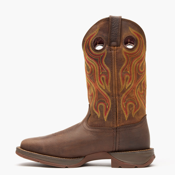 Inner side view of Durango Rebel brown square toe leather western boots with rubber outsole
