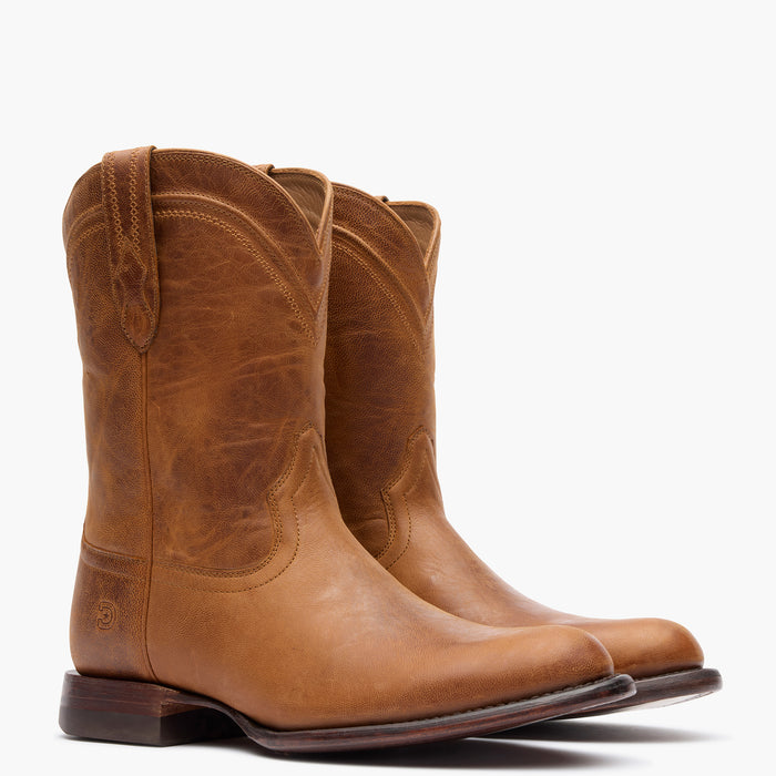 Front view of Durango® men’s 10” Whiskey Tan Santa Fe™ Roper Boots side by side