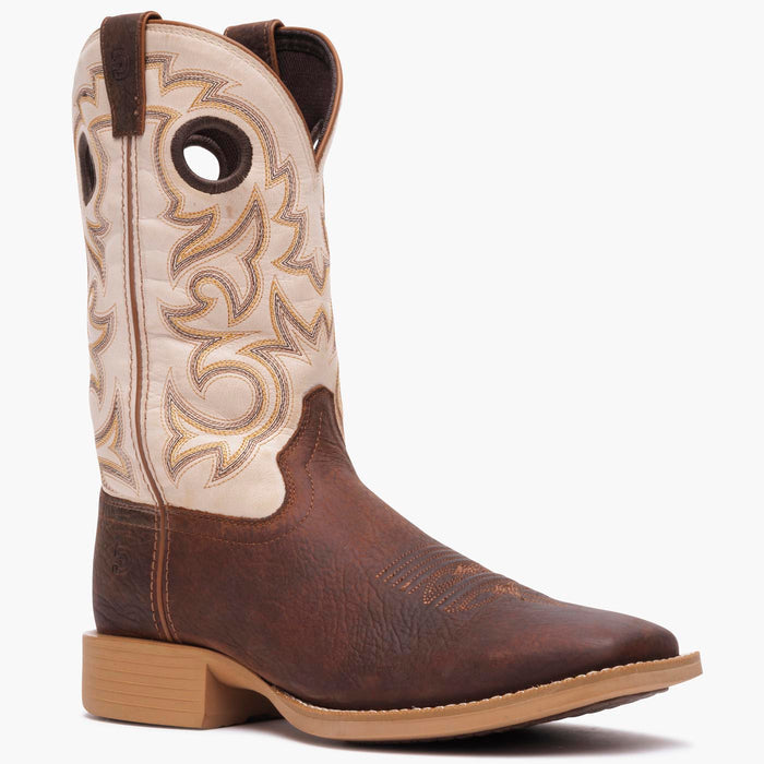 Front 3/4 view of Durango men's Shyloh cowboy boot with brown foot and bone shaft leather.