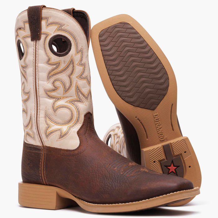 Front 3/4 view with rubber outsole showing of Durango men's Shyloh cowboy boot with brown foot and bone shaft leather.