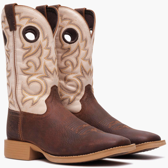 Front 3/4 pair view of Durango men's Shyloh cowboy boots with brown foot and bone shaft leather.