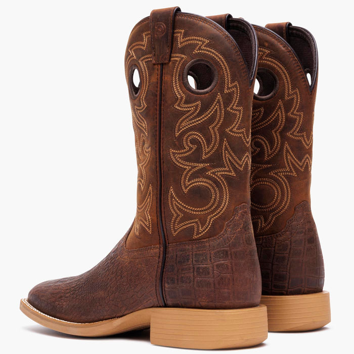 Back view of a pair of Durango brown crocodile print cowboy boots