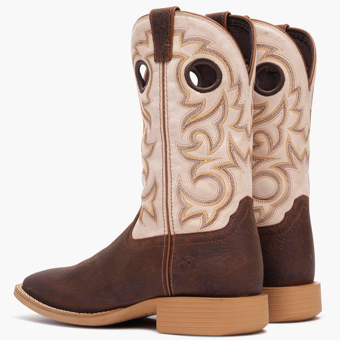 Back pair view of Durango men's Shyloh cowboy boots with brown foot and bone shaft leather.