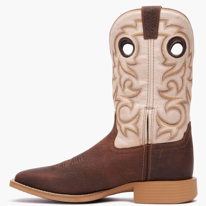 Interior view of Durango men's Shyloh cowboy boot with brown foot and bone shaft leather.