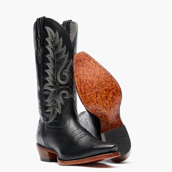 Front pair view of Durango Crush black cowgirl boots with leather sole