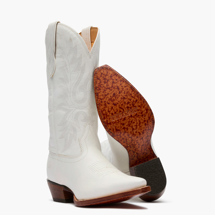 Front pair view of Durango Crush white cowgirl boots with a leather outsole