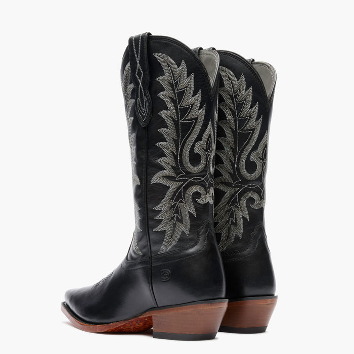 Back pair view of Durango Crush black cowgirl boots with leather sole