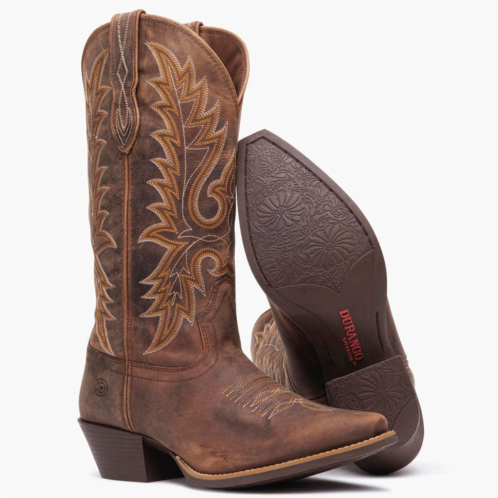 Front outsole view of a pair of Durango brown cowgirl boots