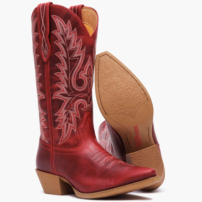 Front outsole view of a pair of Durango red cowgirl boots