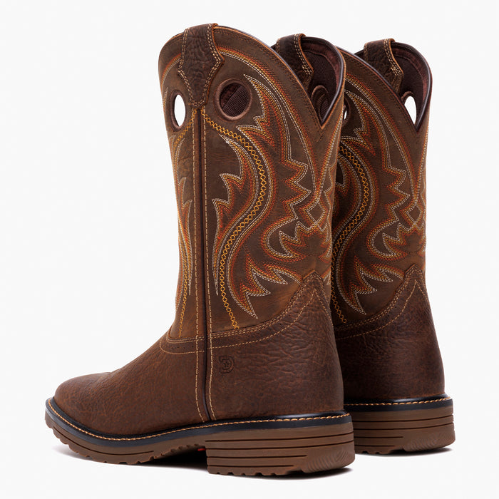 Back view of a pair of brown Durango work boots