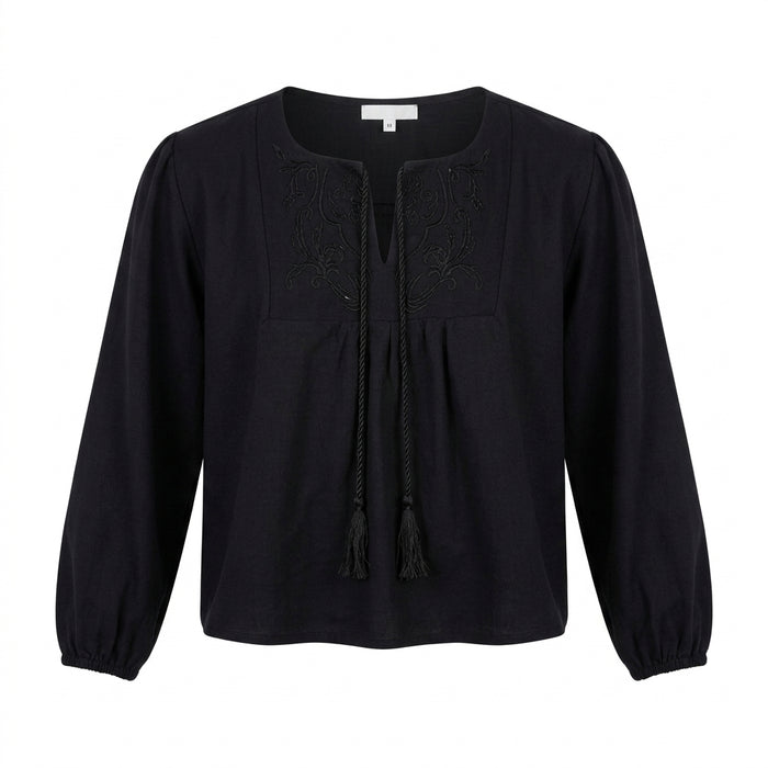 Embroidered Tassel Tie Blouse