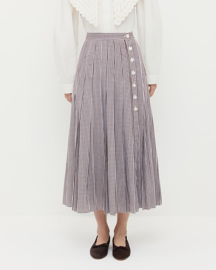 Emlyn Midi Skirt in brown gingham cotton, Ken Shirt in white cotton, and Noelle Brown Suede Ballet Flat.