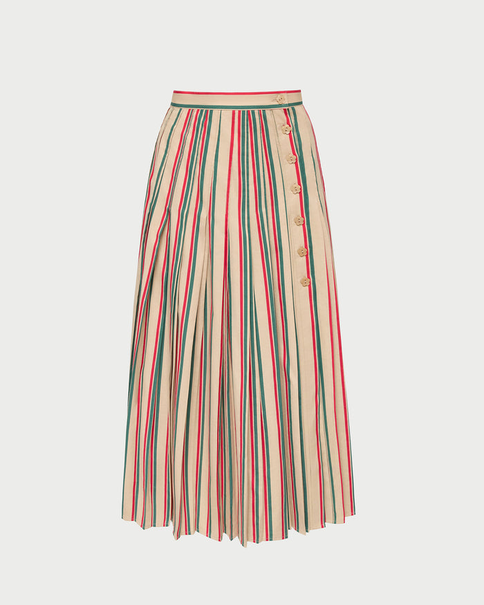 Emlyn Midi Skirt in tan, green, and red striped cotton.
