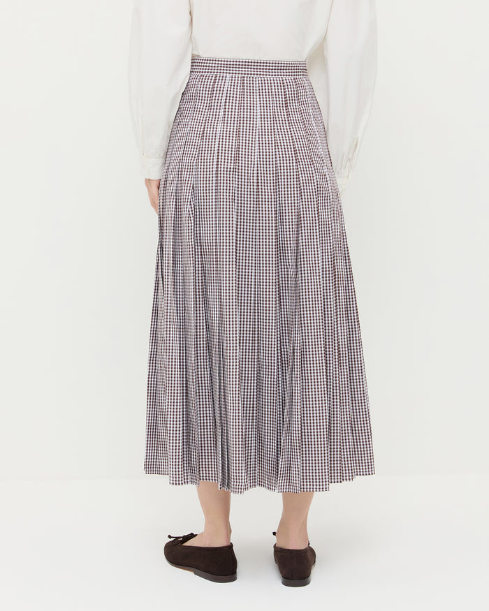 Emlyn Midi Skirt in brown gingham cotton, Ken Shirt in white cotton, and Noelle Brown Suede Ballet Flat.