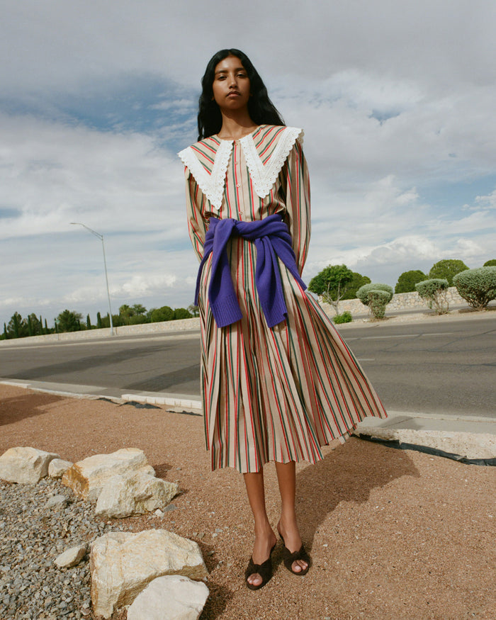Emlyn Midi Skirt in tan, green, and red striped cotton, Ken Shirt in tan, green, and red striped cotton, and Marsy Brown Suede Wedge Heel.
