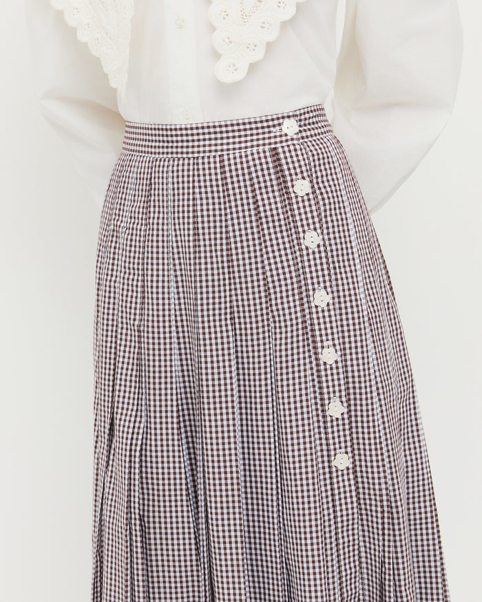 Emlyn Midi Skirt in brown gingham cotton and Ken Shirt in white cotton.