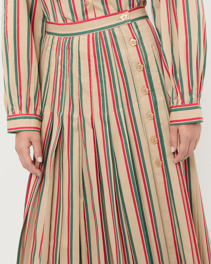 Emlyn Midi Skirt in tan, green, and red striped cotton, and Ken Shirt in tan, green, and red striped cotton.