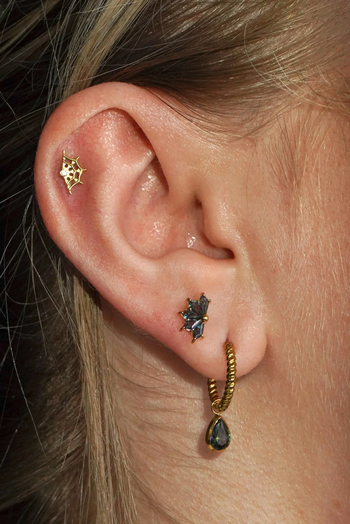 Close-up of an ear with gold and black, purple, green iridescent earrings