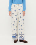 Esha Pant in cream and blue silk, Wynn Cardigan in cornflower blue wool, and Noelle Brown Suede Ballet Flat.