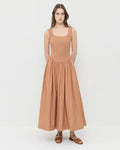 Estelle Dress in light brown cotton and Shelly Cacao Suede Flat Sandal.